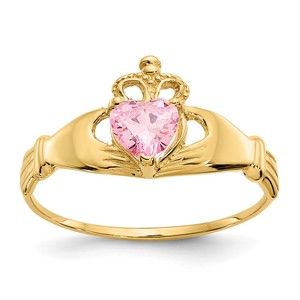 14k Gold Genuine CZ October Birthstone Claddagh Heart Ring, Size 7